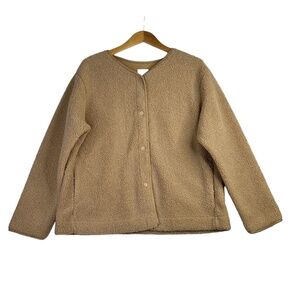 Joie Teddy Sherpa Snap Front Jacket Shacket Collarless Camel Tan Color‎ Large
